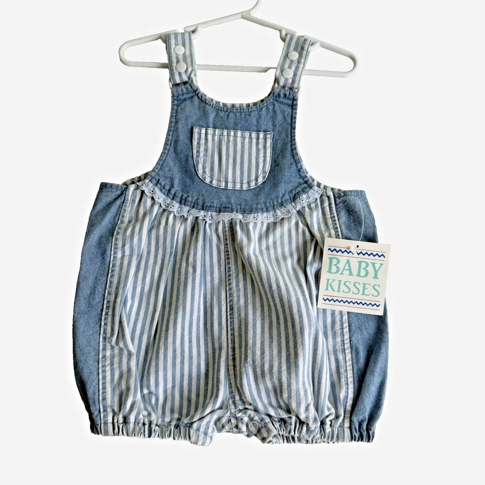 VTG Y2K Toddler Girl 24M Denim Bubble Romper 1pc Outfit Denim Blue Stripe NWT